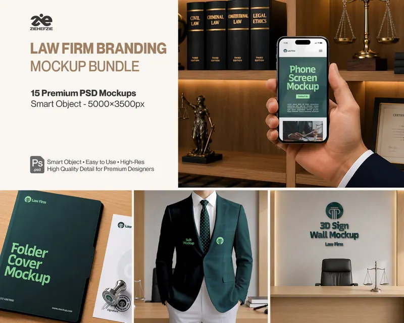 Premium Law Firm Branding Mockup Bundle – 15 Corporate PSD Scenes for Attorney, Lawyer